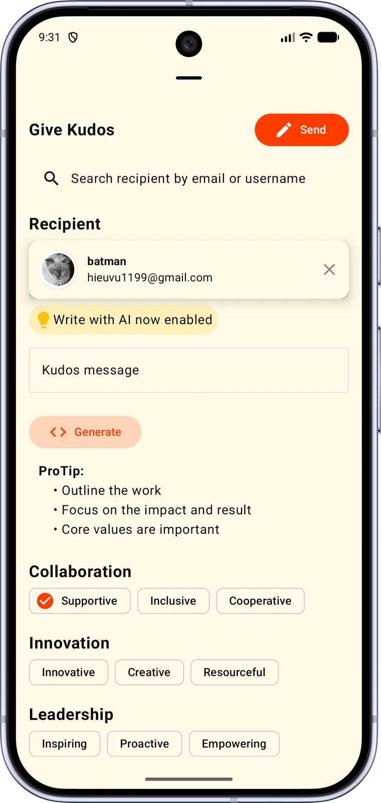 The Give Kudos screen: recipient picker, message box, Generate button and core value categories.