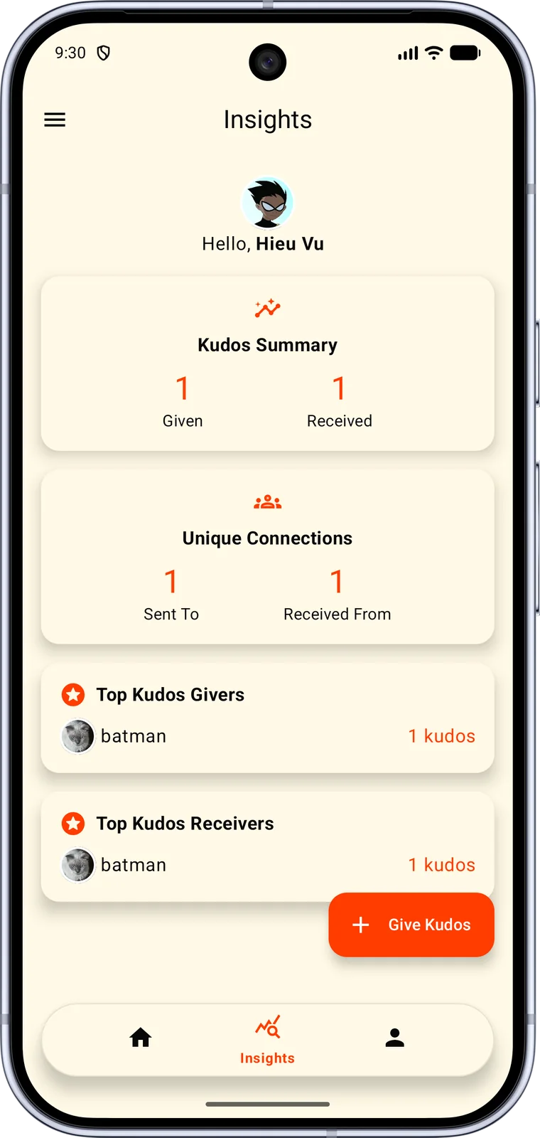 The Insights screen with Kudos Summary, Unique Connections, and Top Kudos Givers and Receivers.