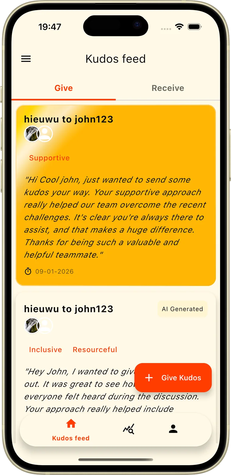 The same Kudos feed running on iPhone.