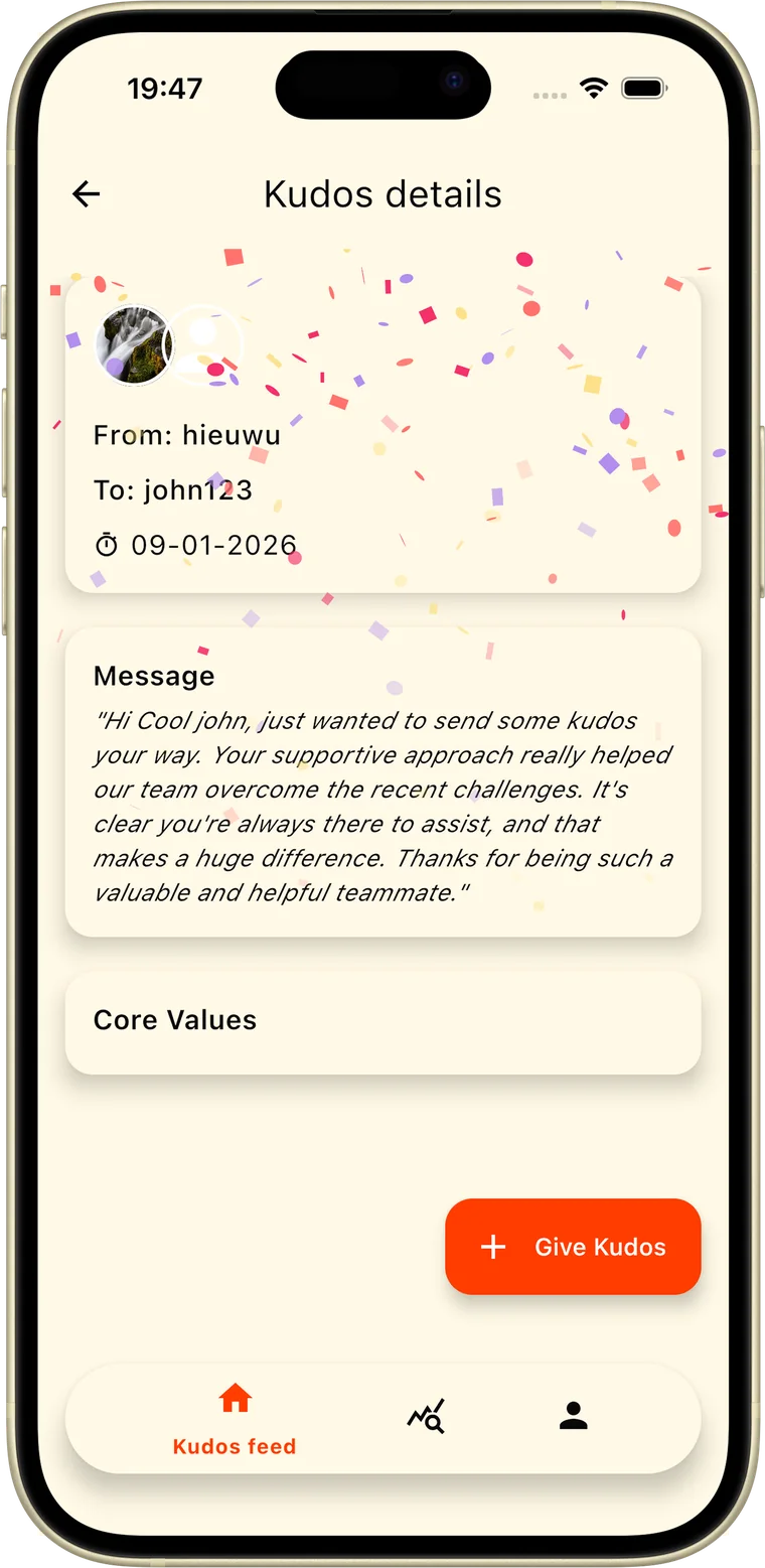 A Kudos details screen with confetti, the sender and recipient, the full message and its core values.